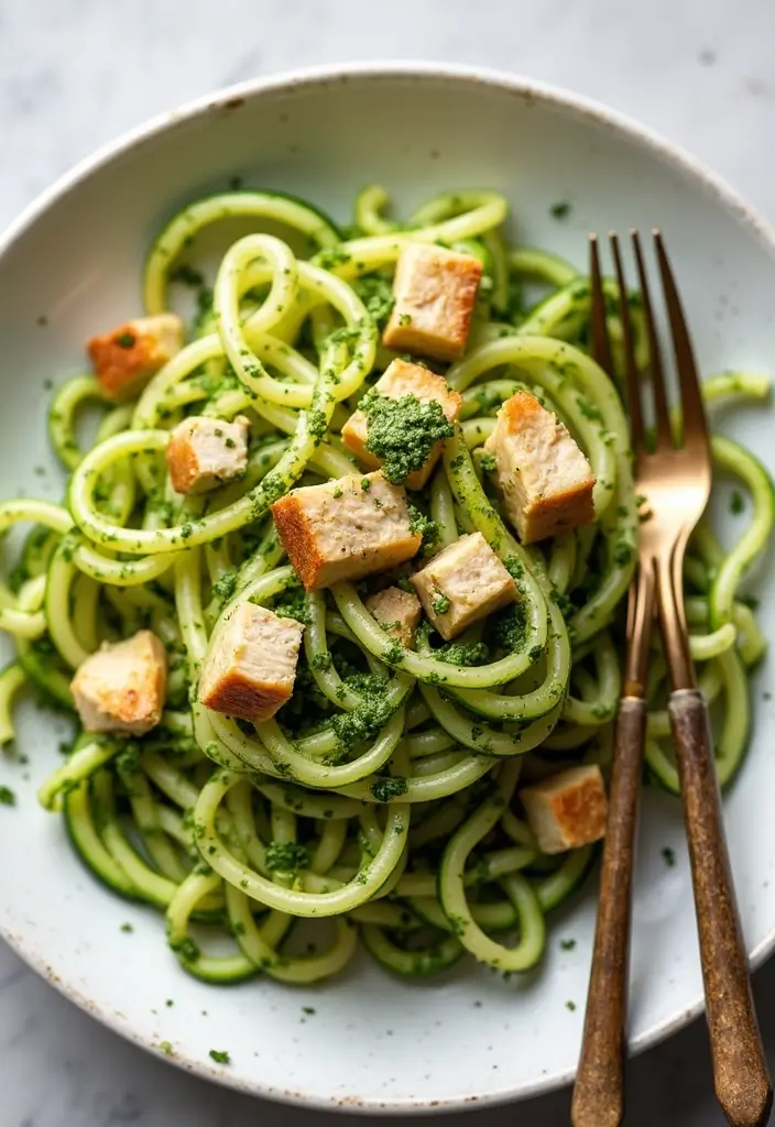 30+ High Protein Paleo Recipes for Strength and Energy - 15. Zucchini Noodles with Pesto and Chicken