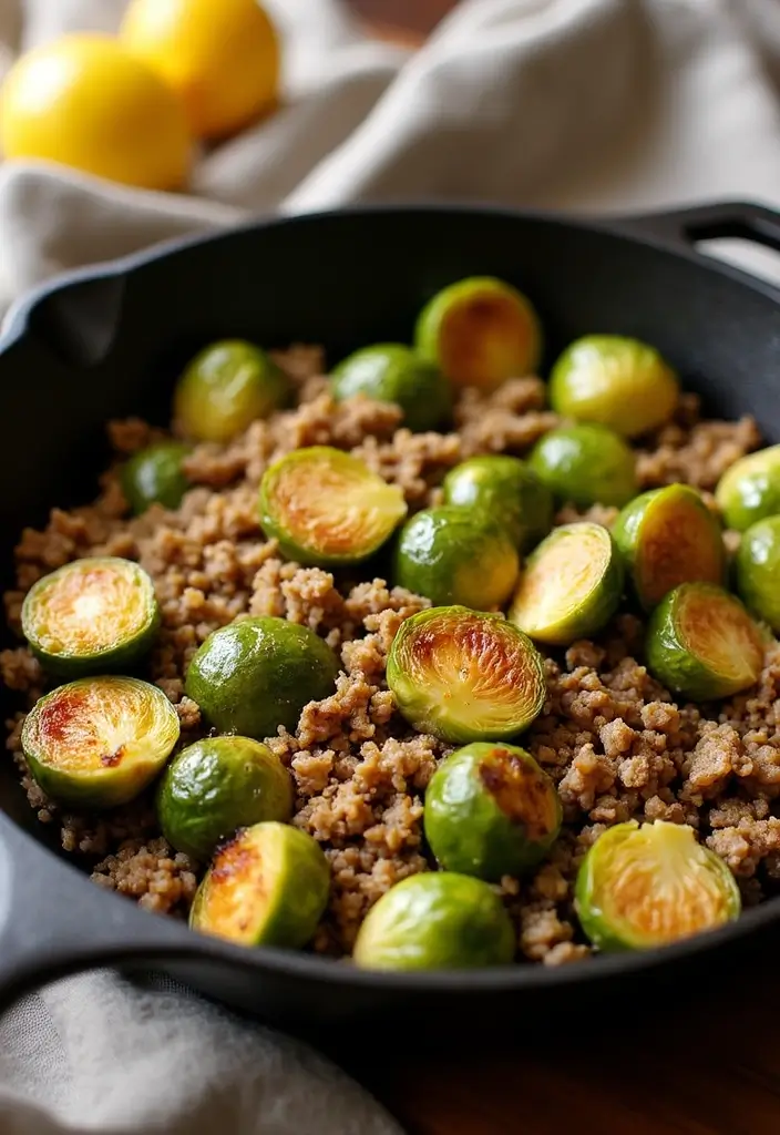 30+ Paleo Ground Turkey Recipes for High Protein Meals - 20. Ground Turkey and Brussels Sprouts Skillet
