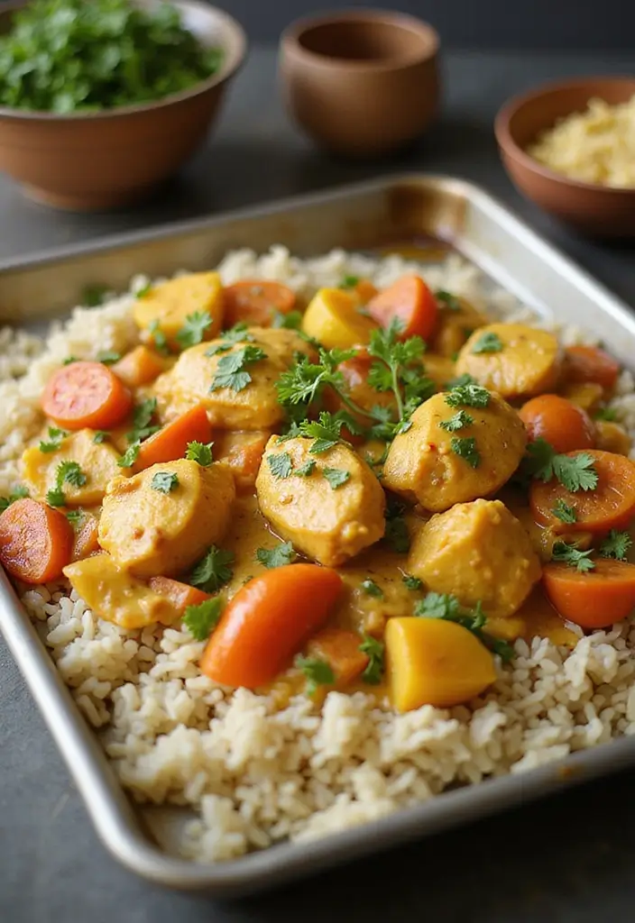30+ Paleo Sheet Pan Recipes That Make Dinner Effortless 60 30+ Paleo Sheet Pan Recipes That Make Dinner Effortless - 10. Coconut Curry Chicken and Rice