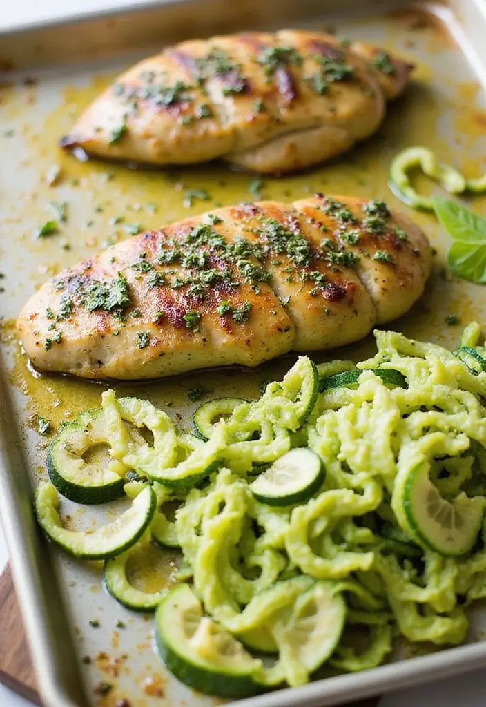 30+ Paleo Sheet Pan Recipes That Make Dinner Effortless 81 30+ Paleo Sheet Pan Recipes That Make Dinner Effortless - 13. Pesto Chicken and Zucchini Noodles