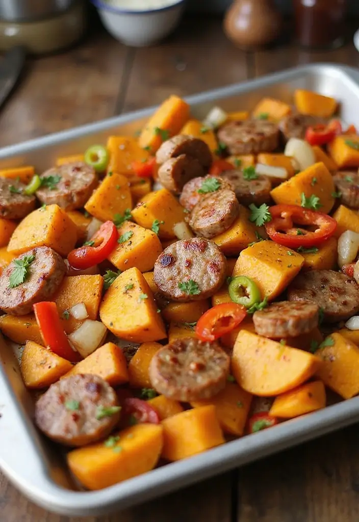 30+ Paleo Sheet Pan Recipes That Make Dinner Effortless 8 30+ Paleo Sheet Pan Recipes That Make Dinner Effortless - 2. Sweet Potato and Sausage Bake