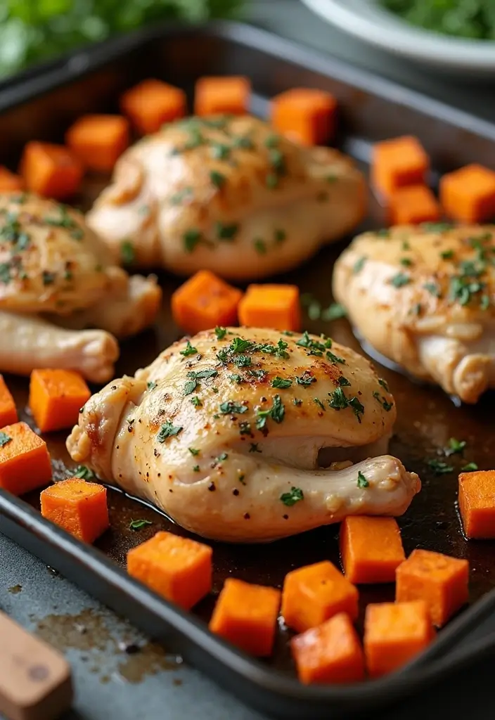 30+ Paleo Sheet Pan Recipes That Make Dinner Effortless 174 30+ Paleo Sheet Pan Recipes That Make Dinner Effortless - 26. Herb Roasted Chicken and Sweet Potatoes